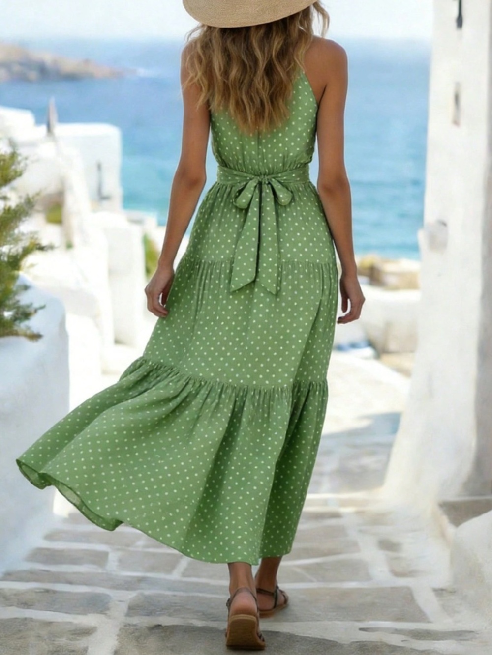 Polka Dot Green Boho Style Maxi Belted Halter Dress - Picture 4 of 8